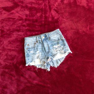 American Eagle Hi Rise Festival Blue Denim Raw Hem Distressed Short Shorts
